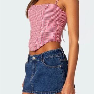 Edikted Puppa Gingham Red & White Lace-Up Back Corset Top - Size Small